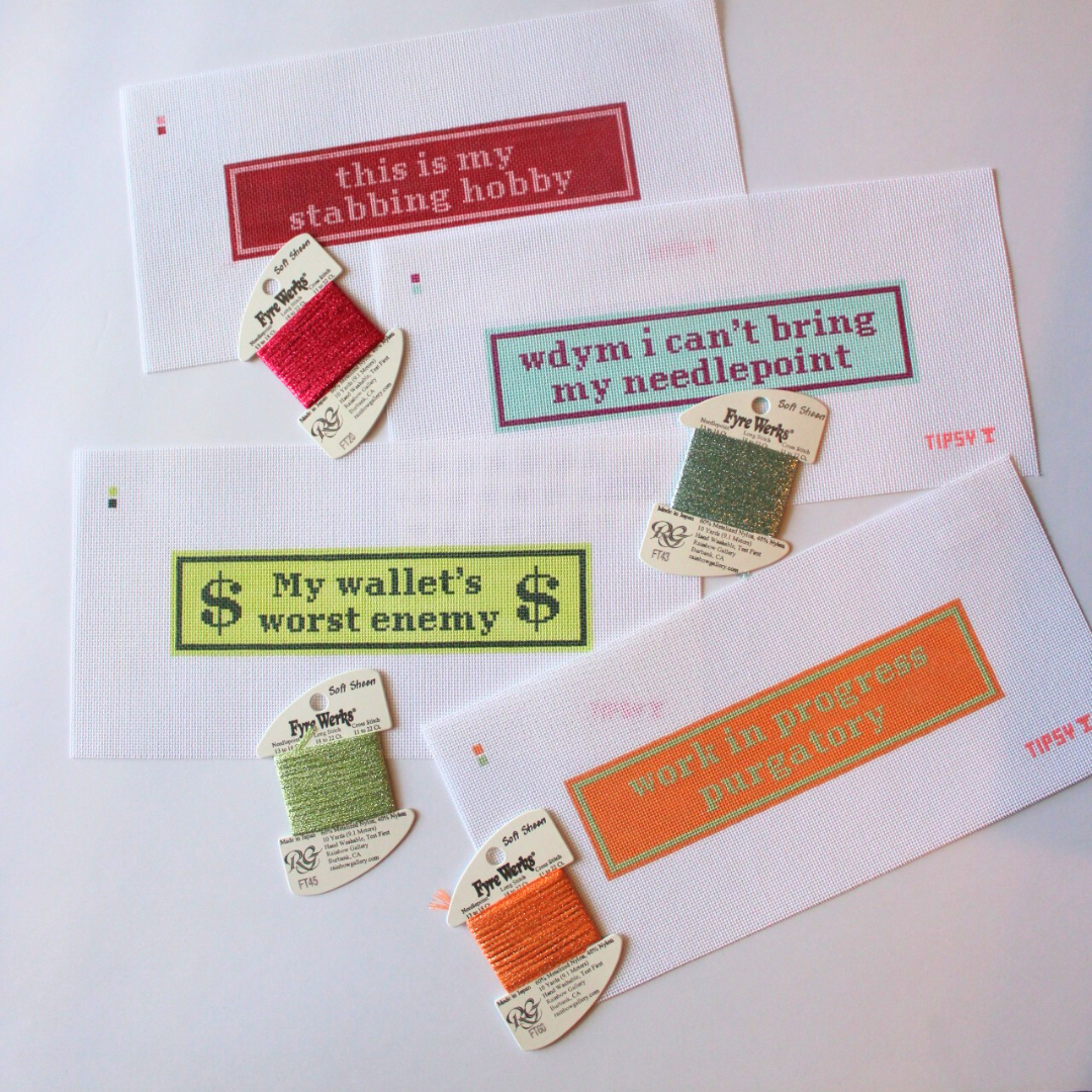 Set of needlepoint thread packages with humorous labels on a white background