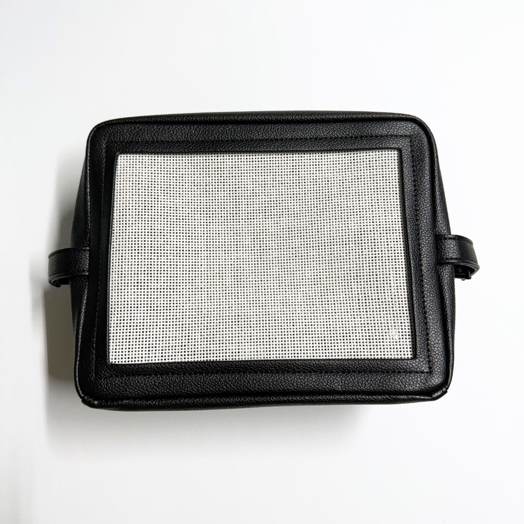 black stitchable needlepoint kit and pouch from Threaded & Tipsy