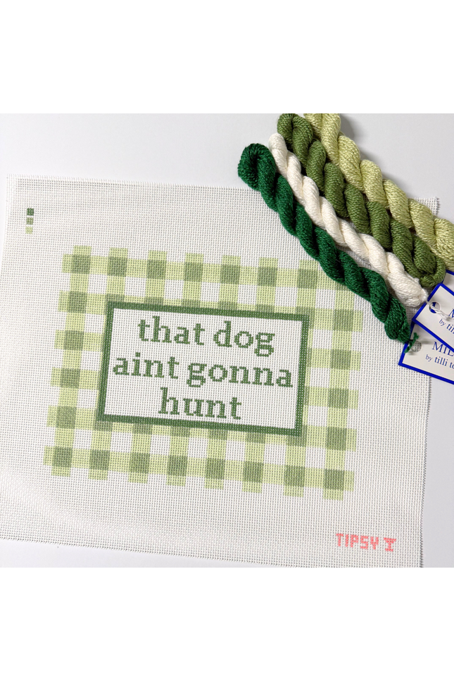 Needlepoint Kits of Green and white braided threads with a checkered mat and text on a white background