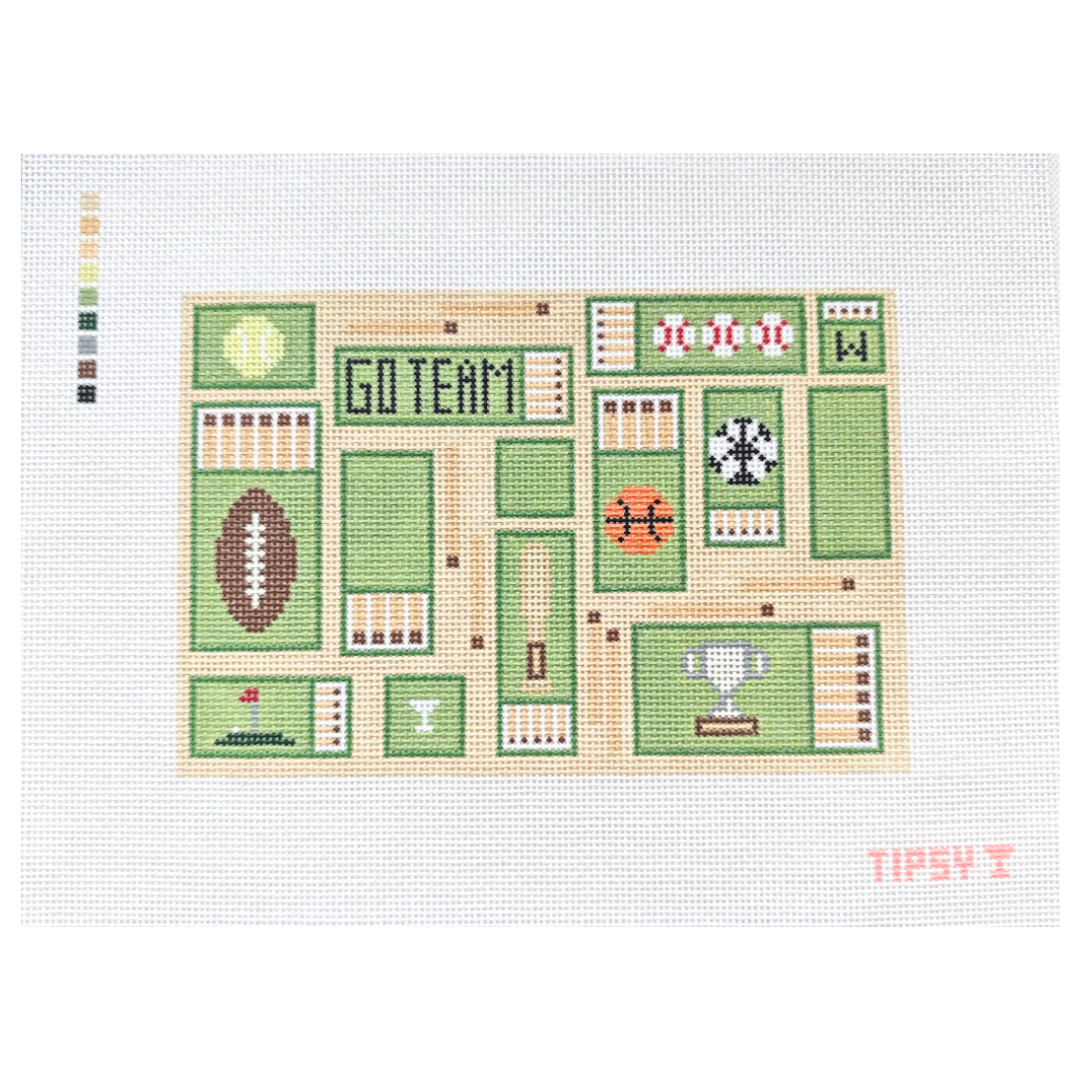 needlepoint design with sports-themed elements on a white background