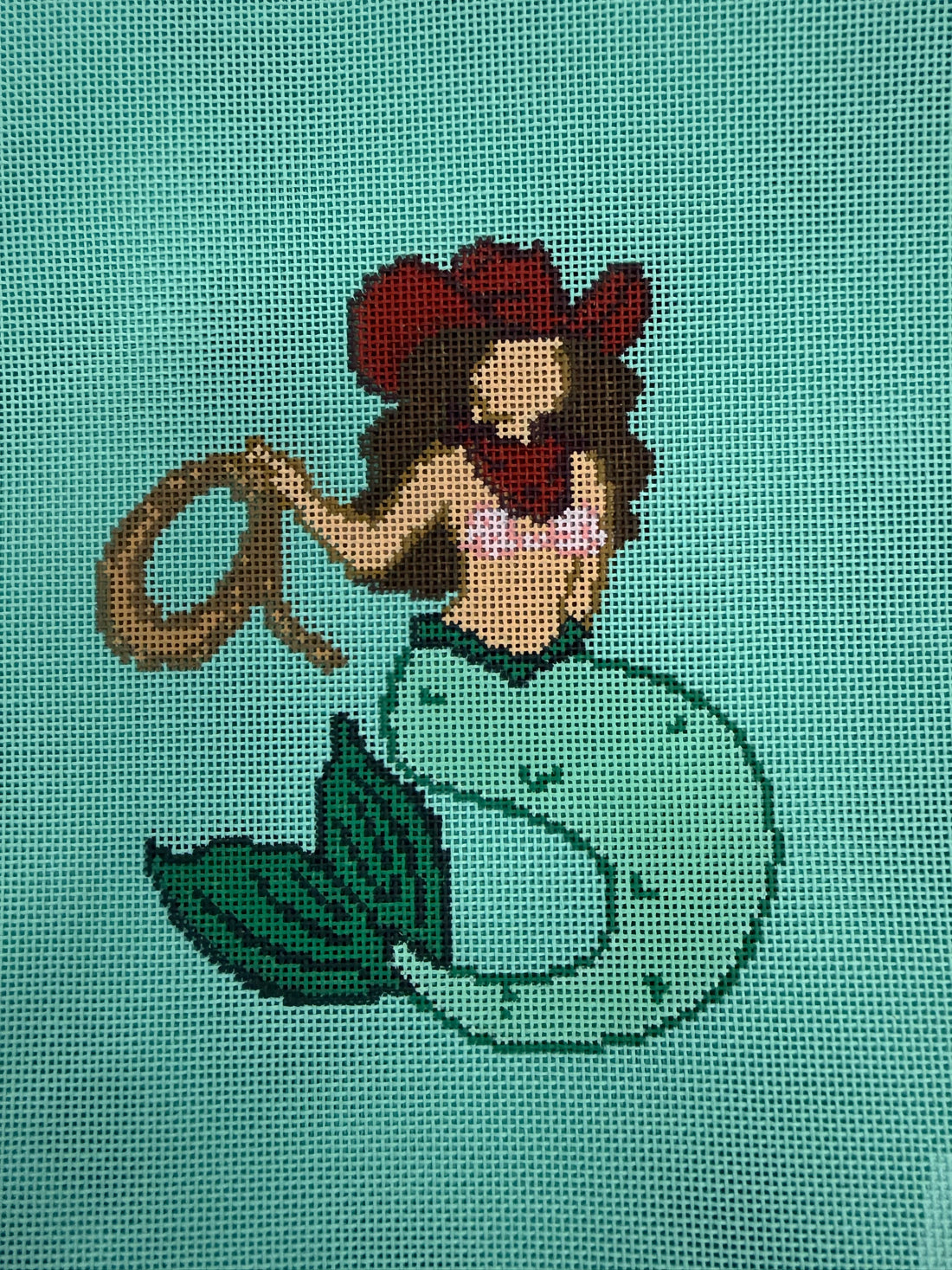 Green Cowgirl Mermaid Needlepoint Canvas