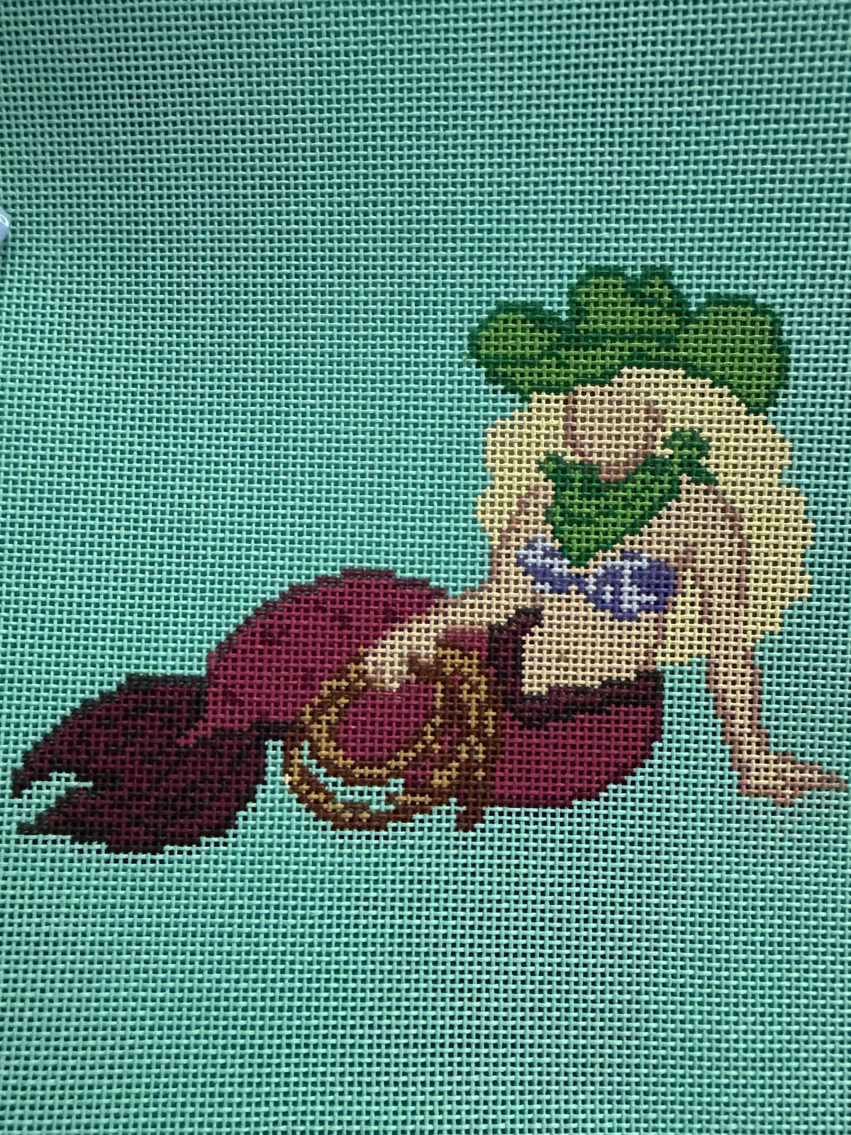 Maroon Cowgirl Mermaid Needlepoint Canvas