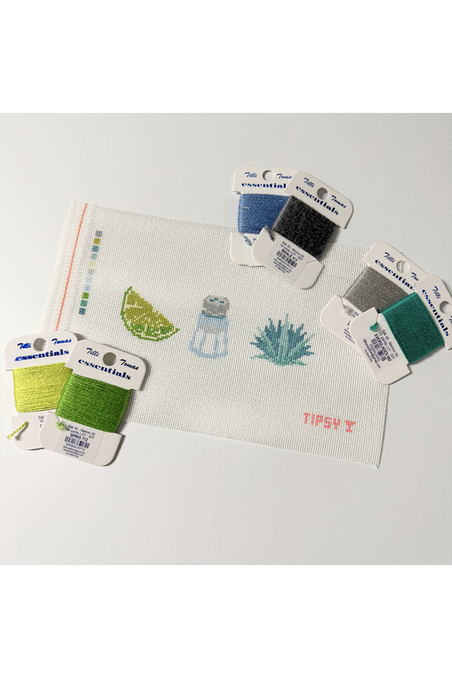 Tequila Needlepoint Kit Set of embroidery threads with color swatches on a white background