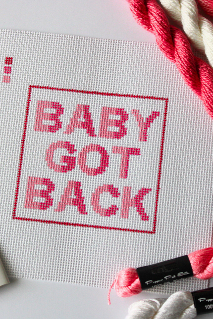 Alt text:
Threaded & Tipsy hand-painted needlepoint canvas featuring the phrase “BABY GOT BACK” in bold pink and red gradient block letters, centered within a red rectangular border. A small painted color guide with four shades of pink and red appears in the upper left corner. Surrounding the canvas are twisted skeins of pink, red, and white needlepoint threads, a pack of Bohin embroidery needles in the bottom left, and additional silk threads in the bottom right. The canvas is unstitched and laid flat on a