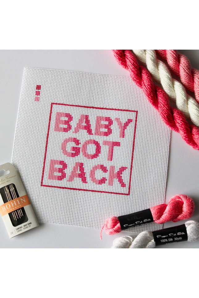 Alt text:
Threaded & Tipsy hand-painted needlepoint canvas featuring the phrase “BABY GOT BACK” in bold pink and red gradient block letters, centered within a red rectangular border. A small painted color guide with four shades of pink and red appears in the upper left corner. Surrounding the canvas are twisted skeins of pink, red, and white needlepoint threads, a pack of Bohin embroidery needles in the bottom left, and additional silk threads in the bottom right. The canvas is unstitched and laid flat on a