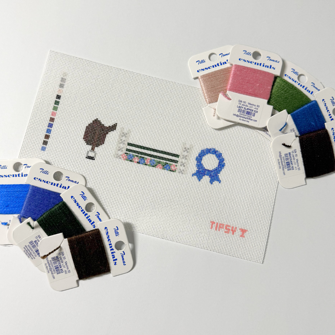 Color swatches and Equestrian Needlepoint Kit pattern on a white background