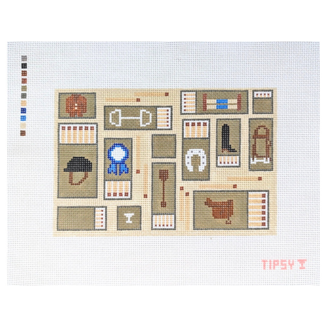 needlepoint canvas kit design with various equestrian-themed elements on a white background