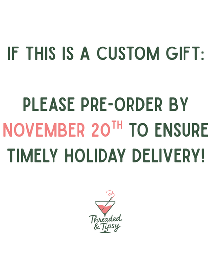 Text message for pre-ordering a custom gift by November 20th, with a brand logo at the bottom.