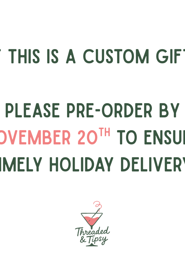 Text message for pre-ordering a custom gift by November 20th, with a brand logo at the bottom.
