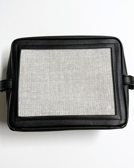 black stitchable needlepoint kit and pouch from Threaded & Tipsy