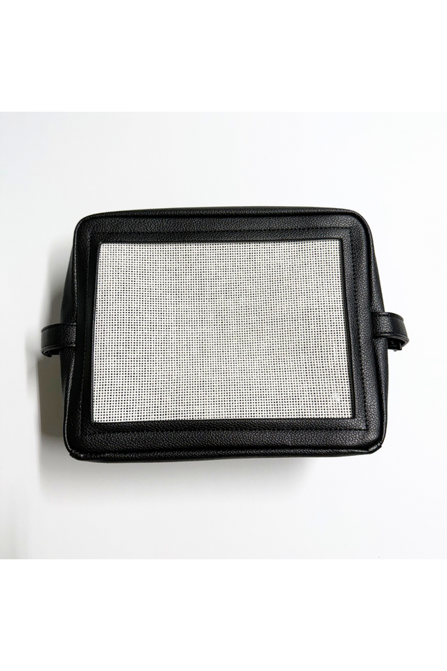 black stitchable needlepoint kit and pouch from Threaded & Tipsy