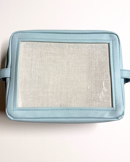 light blue stitchable needlepoint pouch from Threaded & Tipsy 