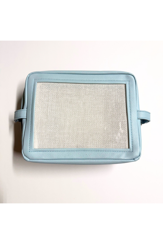 light blue stitchable needlepoint pouch from Threaded & Tipsy 