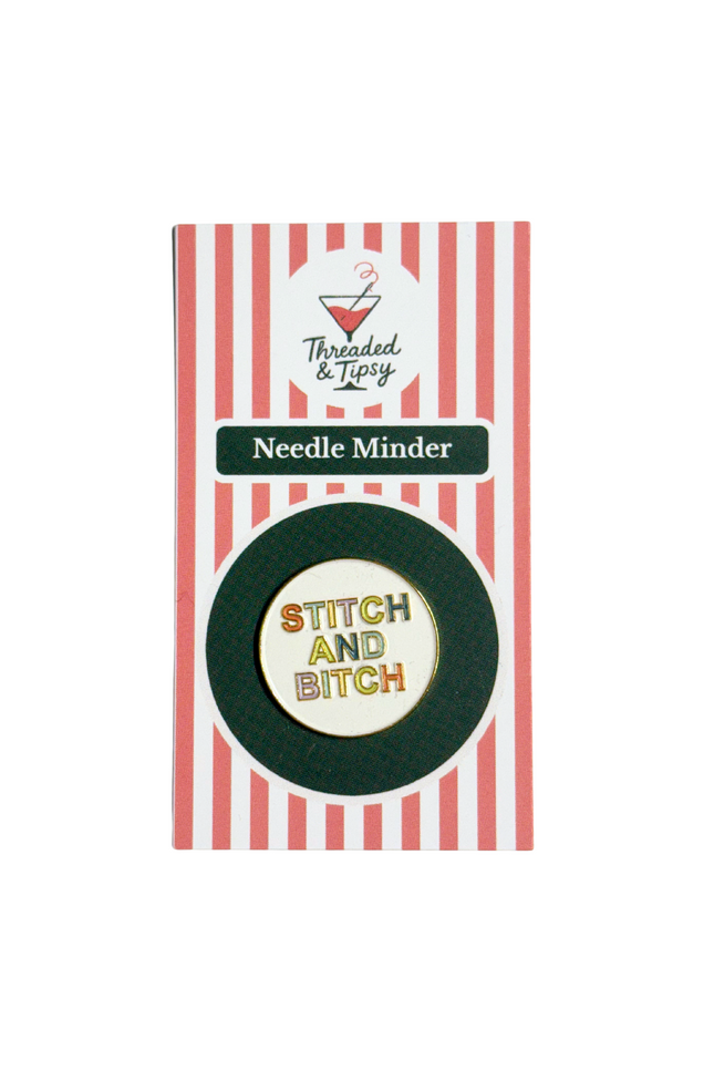 Needle Minder with 'Stitch and Bitch' text on striped packaging